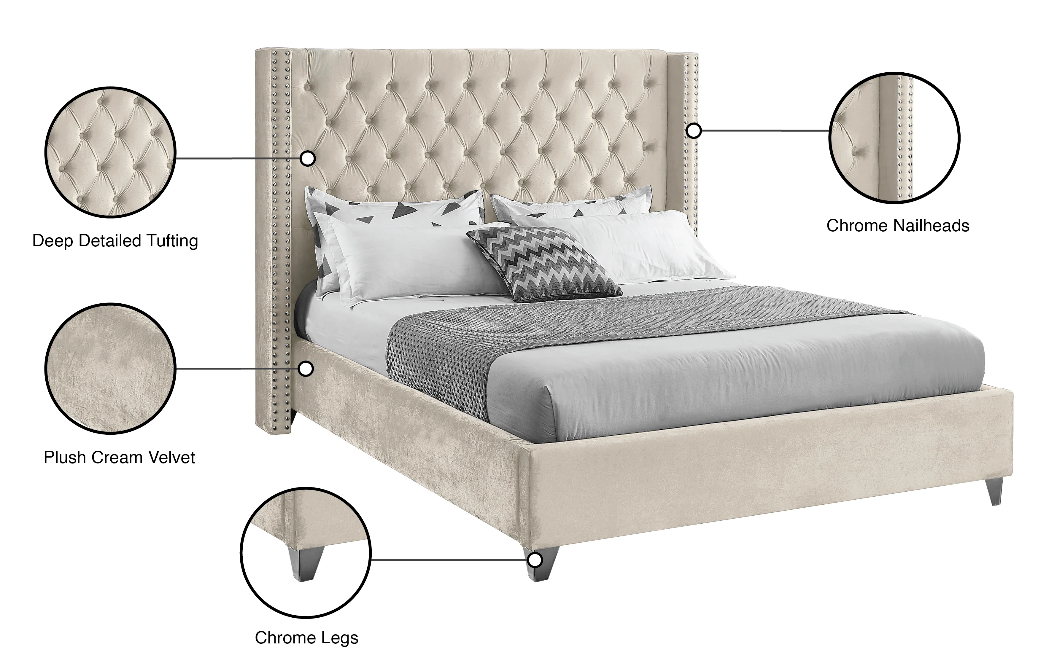 Robertson Cream Velvet Full Bed F - Image 8