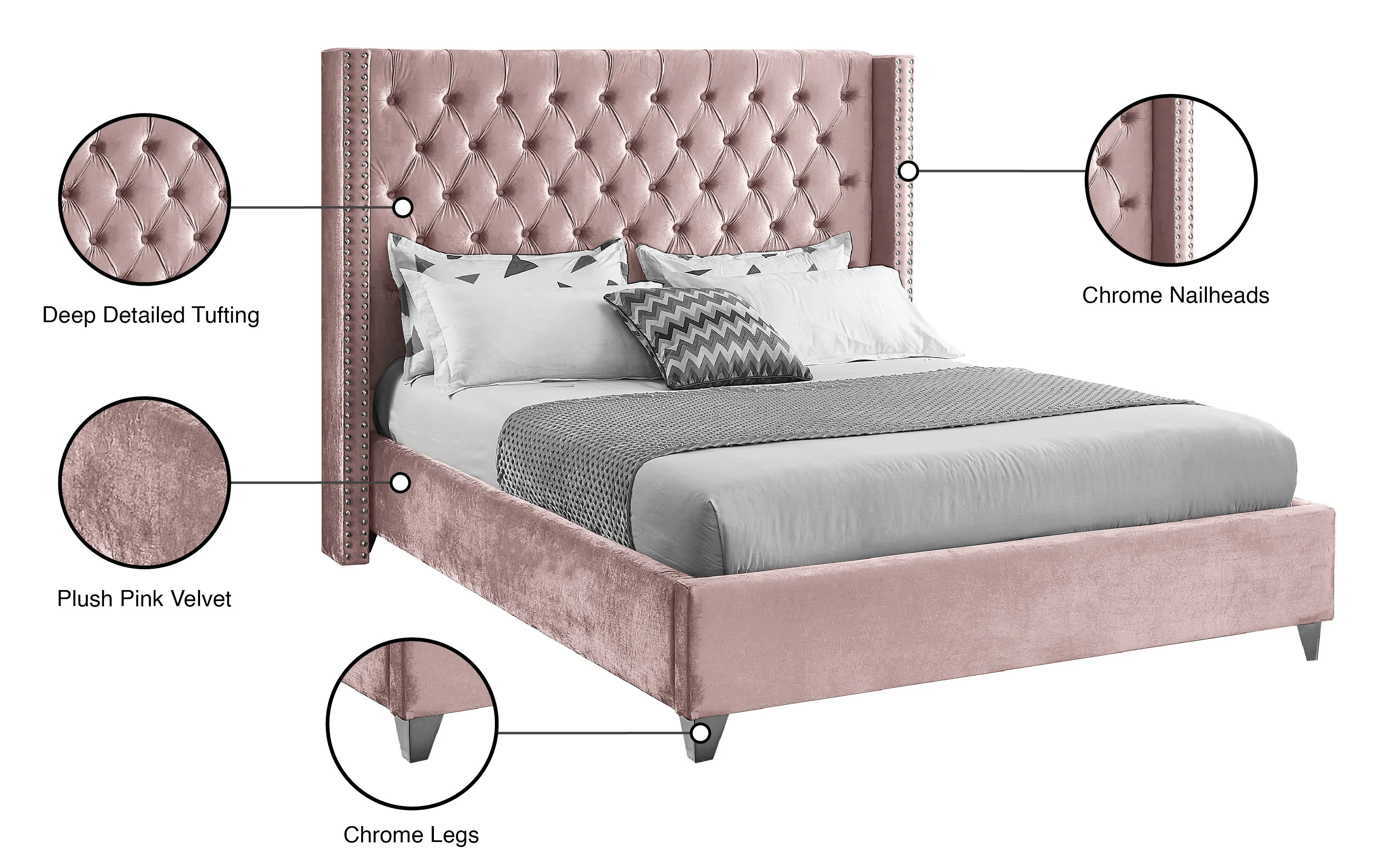 Robertson Pink Velvet Full Bed F - Image 8